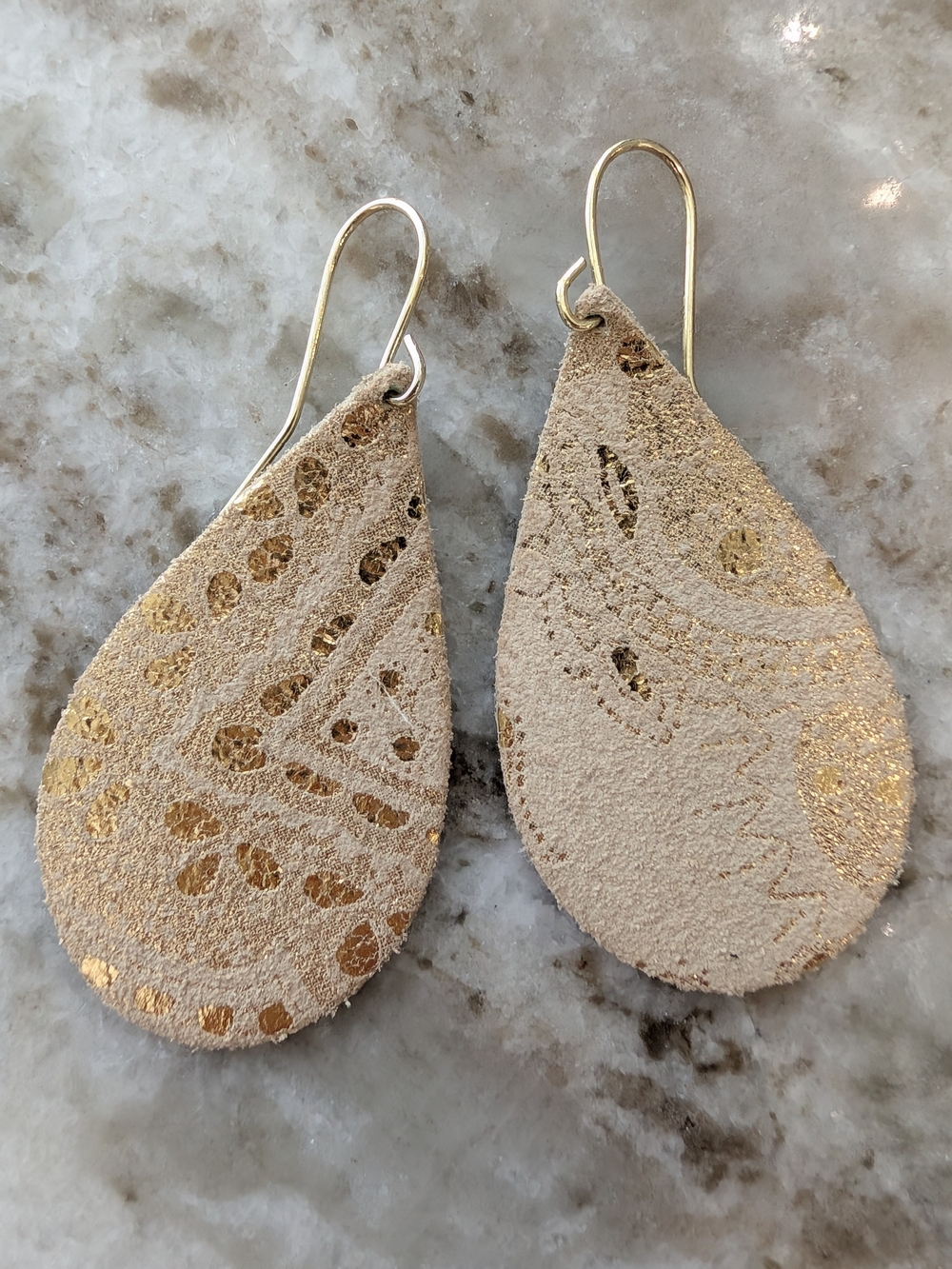 Leather Teardrop Earrings in Beige with Gold Accents